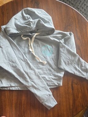 Light Gray Cropped Hoodie with Teal Wave Logo Triathalon LIFE